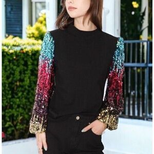 Black Mock Neck Rainbow Sequin Puff Balloon Sleeve Blouse Top Glam Sparkle Large